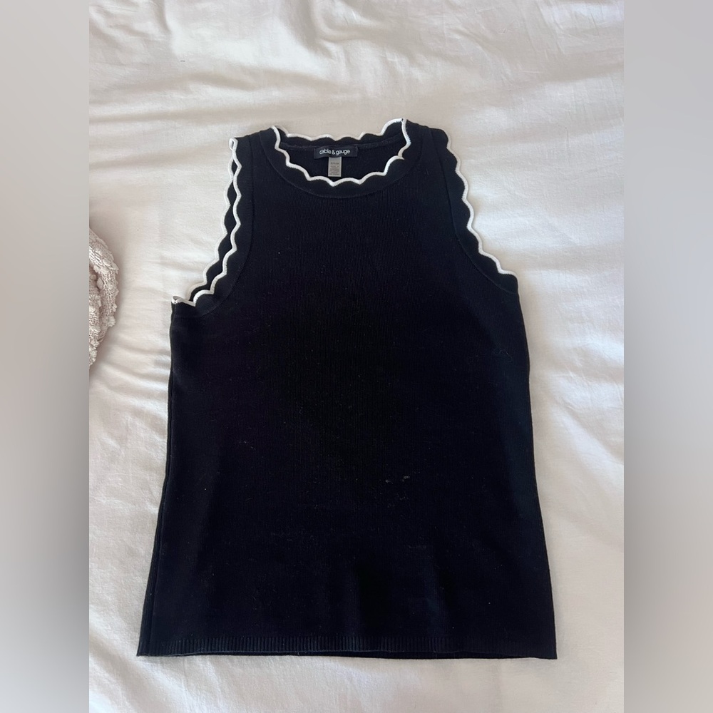 Cable & Gauge Black Tank Top with White Scallop Trim